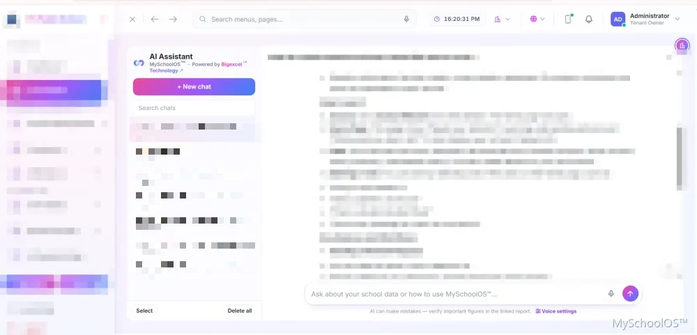 MySchoolOS AI Assistant answering a question in plain language, with chat history and voice settings