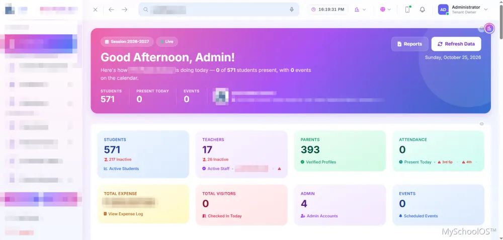 MySchoolOS school ERP dashboard showing students, teachers, parents, attendance, expenses and visitors at a glance